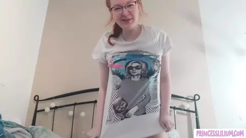 See this timid sandy-haired teenage with glasses drop while displaying off her raw cootchie